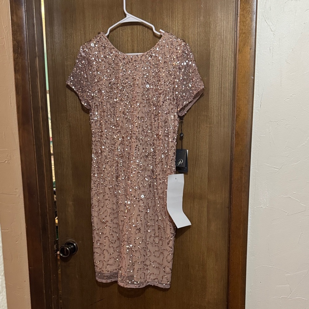 Adrianna Papell Rose Gold Champagne Sequin Mesh Dress